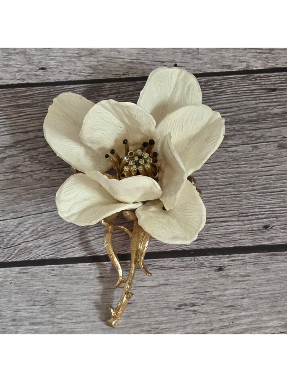 Vintage Corocraft Gold-Tone Enamel Flower Brooch With Rhinestone Accents 4-Inch